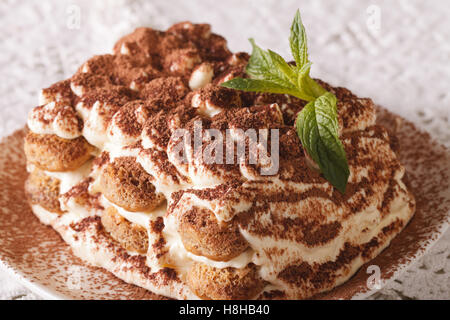 Italienisches Tiramisu Torte auf eine Platte Makro auf dem Tisch. Horizontale Stockfoto