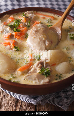 Belgische Creme Suppe mit Huhn Waterzooi hautnah in eine Schüssel geben. vertikale Stockfoto