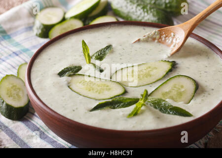Kalte Gurken-Suppe mit Minze und Joghurt in eine Schüssel Nahaufnahme. horizontale Stockfoto