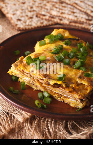 Matzo gebraten mit Eiern und Frühlingszwiebeln - Matzah Brei Nahaufnahme auf einer Platte. vertikale Stockfoto