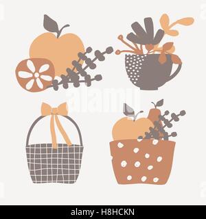 Eine Reihe von Herbst Design-Elemente auf cremefarbenen Hintergrund isoliert. Korb mit Obst, Äpfel und Gewürzen, Tasse mit Blumen und anderen Stock Vektor