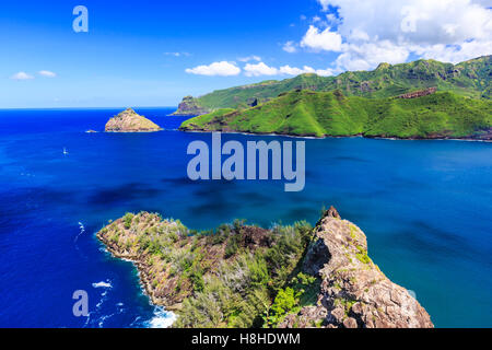 Marquesas-Inseln. Bucht von Taiohae auf der Insel Nuku Hiva. Stockfoto