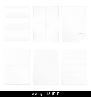 Verschiedenen A4 Format Papier - Papier gefaltet, Papier mit Curl, Papier mit Linien und Quadraten Stockfoto