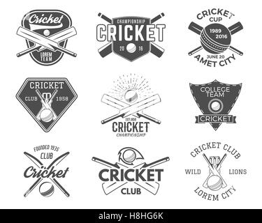 Satz von Cricket-Sport-Logo-Designs. Symbole. Embleme design-Elemente. Sport t-Shirt. Club-Abzeichen. Symbole mit Ausrüstung, Ausrüstung für Web- oder t-shirt Stockfoto