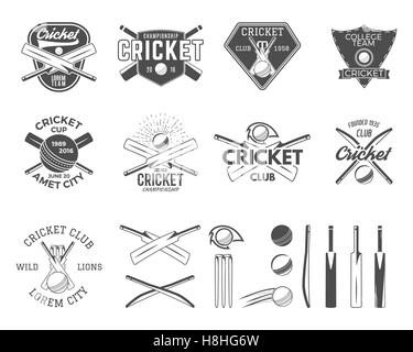 Satz von Cricket-Sport-Logo-Vorlagen. Cricketspieler Embleme und Ausrüstung, Ausrüstung-Symbole. Sportliches t-shirt Designs. Club, Turnier-Abzeichen, Etiketten. Isoliert auf weiss. Nutzung für Web oder T-shirt drucken Stockfoto