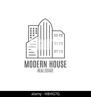 modernes Haus-Logo-Design, geeignet für Info-Grafiken, Webseiten und print-Medien Immobilien-Symbol. , flach, Abzeichen, beschriften, ClipArt. Lineart Stil. Dünne Linie. Monochrom Stockfoto