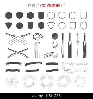 Cricket Logo Creation Kits. Sport-Designs. Symbole festgelegt. Erstellen Sie Ihr eigenes Emblem Design schnell. Symbole, Elemente - Ball, Fledermäuse, Formen, Ausrüstung, Ausrüstung für Web- oder t-shirt Stockfoto