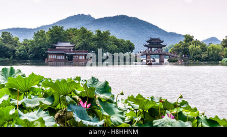 Hangzhou, China - 14. August 2011: Malerische Aussicht auf Yudai Brücke am Westsee. Westsee beeinflusste Dichter und Maler Stockfoto