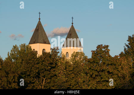 Zwei Türme eine katholische Kirche zu errichten hinter Bäumen im Sonnenuntergang Stockfoto