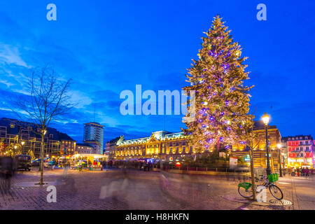 Der große Weihnachtsbaum in Place Kleber in der Weihnachtszeit. In Straßburg. Bas-Rhin. Das Elsass. Frankreich Stockfoto