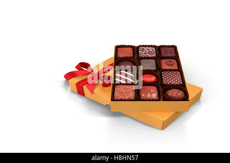 3D Illustration: schön gestaltet und dekoriert mit Schleife Geschenk Schachtel Pralinen für Weihnachten, Jubiläum, Geburtstag. Stockfoto