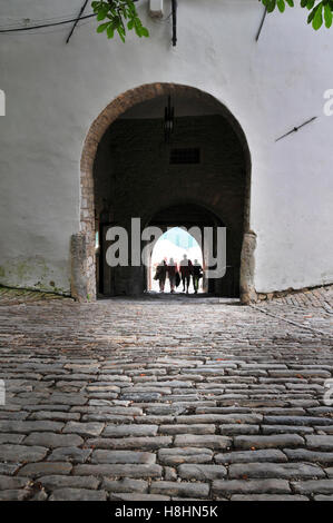 Blick auf die Altstadt Stadttor und Touristen durch das Tor in historische istrische Stadt Motovun, Kroatien. Stockfoto