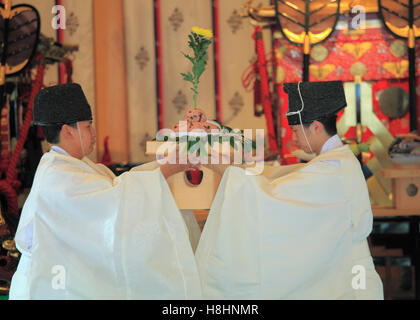 Japan, Kyoto, Zuiki Festival, Kabuto kein Gokuhosen Zeremonie, Shinto Priester, Stockfoto