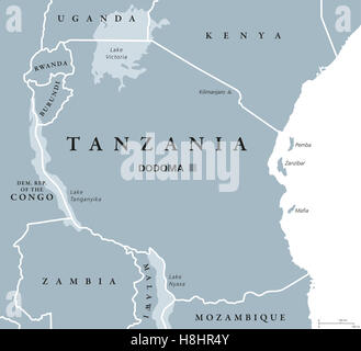 Politische Landkarte Tansania mit Hauptstadt Dodoma, Landesgrenzen, Inseln Sansibar, Pemba und Nachbar Ländern. Stockfoto