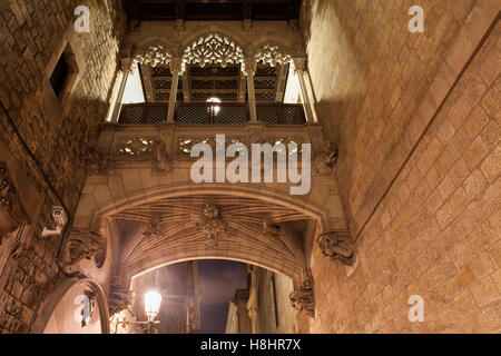 Spanien, Barcelona, Barri Gotic, Brücke am Carrer del Bisbe Straße bei Nacht Stockfoto