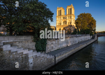 Kathedrale Notre Dame de Paris bei Sonnenuntergang mit dem Seineufer auf Île De La Cité. 4. Arrondissement, Paris, Frankreich Stockfoto