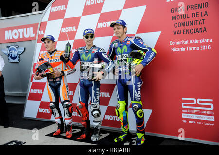 Valencia, Spanien. 12. November 2016. Marc Marquez, Jorge Lorenzo und Valentino Rossi. © Gaetano Piazzolla/Pacific Press/Alamy Live-Nachrichten Stockfoto