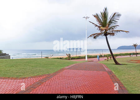 Leere nasse Backstein gepflasterte Wege zum Strand vorbei an Palmen an trüben regnerischen Tag am Strand in Durban, Südafrika Stockfoto