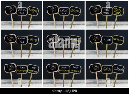 Foto-Collage von Konzept-Nachrichten, die auf hölzernen Mini Tafel Etiketten und Glühbirne als Symbol für die Idee mit Kreide geschrieben Stockfoto