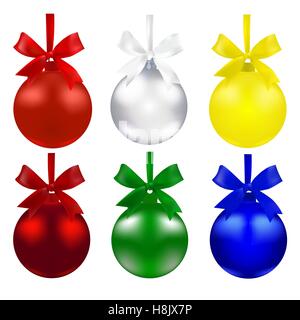 Satz von Kugeln. Weihnachtsschmuck. Die Symbole des neuen Jahres. Rot, grün, Silber, blau und Gelb Farben mit Bögen auf Bändern. Abbildung Stock Vektor