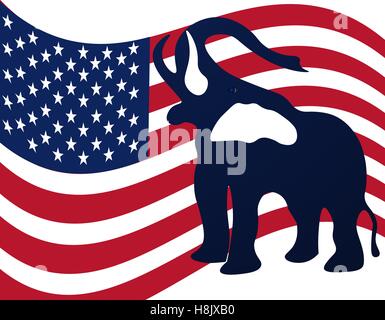 Republikanische Elefant im Hintergrund der amerikanischen Flagge. Sieg der Republikaner im US-Wahlen. Abbildung Stock Vektor