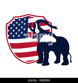 Republikanische Elefant im Hintergrund des Schildes in den Farben der amerikanischen Flagge. Sieg der Republikaner im US-Wahlen. Abbildung Stock Vektor