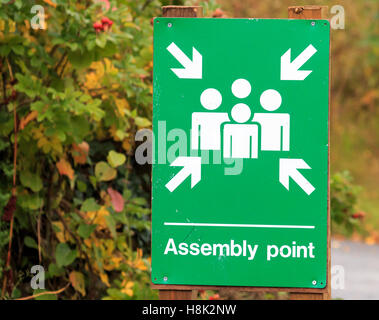 Hautnah auf einem grün-weißen Schild Sammelplatz Stockfoto