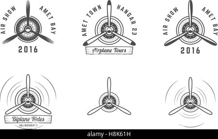 Satz von Vintage Flugzeug Propeller Embleme. Doppeldecker-Etiketten. Retro-Flugzeug-Abzeichen und Design-Elemente. Aviatik-Briefmarken-Kollektion. Airshow-Logo und Schriftzug. Alte Ikone, isoliert auf weißem Hintergrund Vektor Stock Vektor