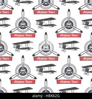 Vintage Flugzeug Tour Muster. Doppeldecker Propeller nahtlose Hintergrund mit Band, Doppeldecker. Retro-Flugzeug-Tapete und Design-Elemente. Luftfahrt-Stil. Fliegen Sie, Propeller, alte Symbol isoliert. Vektor. Stock Vektor