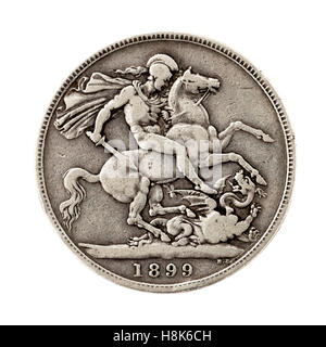 Antike (1899) viktorianischen silberne Krone, mit Benedetto Pistrucci Design von St. Georg auf dem Pferderücken den Drachen erschlagen. Stockfoto