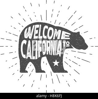 Vintage California Republic Bär mit Sunbursts. Willkommen Sie bei California Zeichen. Grunge-Effekt. Isoliert. Handgezeichnete Schriftzug Design. Typografie-Beschriftung. Stock Vektor