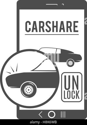 Auto-Anteil-Logo-Design. Auto-Sharing-Vektor-Konzept. Gemeinsame Nutzung von Autos über Web-Anwendung. Carsharing-Symbol, Autovermietung Element und app-Symbol. Verwenden Sie für Webdesign oder drucken. Monochrome Gestaltung. Stock Vektor