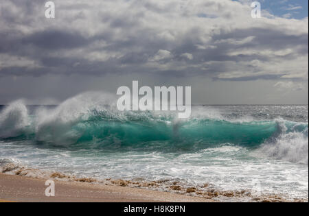 Hinterleuchtete Ozeanwelle bei Banzai Pipeline auf der North Shore von Oahu Hawaii Stockfoto