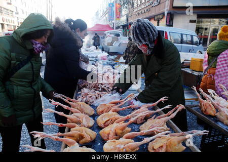 Heihe Heihe, China. 13. November 2016. Heihe, CHINA-13. November 2016: (nur zur redaktionellen Verwendung. CHINA HERAUS). Ein Hausierer am Morgenmarkt in Heihe, Nordost-China Provinz Heilongjiang, 13. November 2016. Eine blaue Warnung mit starkem Schneefall wurde herausgegeben, in der Provinz Heilongjiang, zeigen, dass die niedrigste Temperatur um 20 Grad unter Null fallen würde. Einige Hausierer arbeitete am Morgenmarkt bei Frostwetter von 05:00 09:30 vorgenommen, die ihre Gesichter mit Eis bereift. © SIPA Asien/ZUMA Draht/Alamy Live-Nachrichten Stockfoto