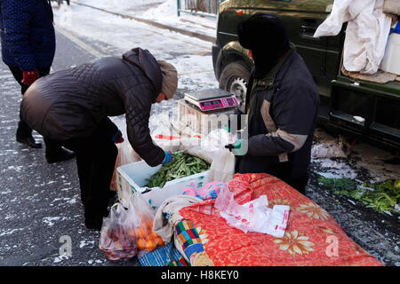 Heihe Heihe, China. 13. November 2016. Heihe, CHINA-13. November 2016: (nur zur redaktionellen Verwendung. CHINA HERAUS). Ein Hausierer am Morgenmarkt in Heihe, Nordost-China Provinz Heilongjiang, 13. November 2016. Eine blaue Warnung mit starkem Schneefall wurde herausgegeben, in der Provinz Heilongjiang, zeigen, dass die niedrigste Temperatur um 20 Grad unter Null fallen würde. Einige Hausierer arbeitete am Morgenmarkt bei Frostwetter von 05:00 09:30 vorgenommen, die ihre Gesichter mit Eis bereift. © SIPA Asien/ZUMA Draht/Alamy Live-Nachrichten Stockfoto