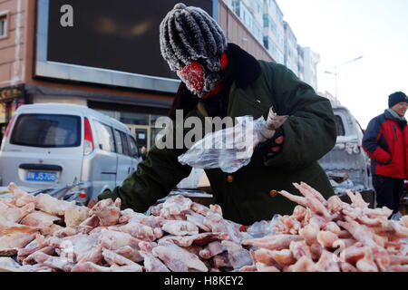Heihe Heihe, China. 13. November 2016. Heihe, CHINA-13. November 2016: (nur zur redaktionellen Verwendung. CHINA HERAUS). Das mattierte Gesicht ein Hausierer in Heihe, Nordost-China Provinz Heilongjiang, 13. November 2016. Eine blaue Warnung mit starkem Schneefall wurde herausgegeben, in der Provinz Heilongjiang, zeigen, dass die niedrigste Temperatur um 20 Grad unter Null fallen würde. Einige Hausierer arbeitete am Morgenmarkt bei Frostwetter von 05:00 09:30 vorgenommen, die ihre Gesichter mit Eis bereift. © SIPA Asien/ZUMA Draht/Alamy Live-Nachrichten Stockfoto