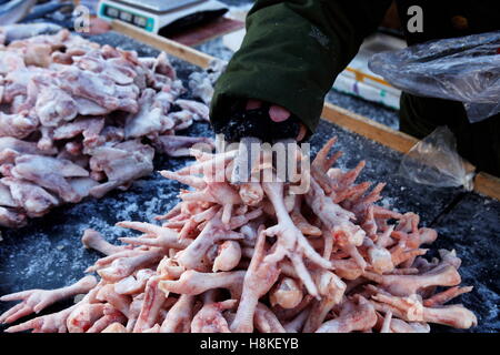 Heihe Heihe, China. 13. November 2016. Heihe, CHINA-13. November 2016: (nur zur redaktionellen Verwendung. CHINA HERAUS). Ein Hausierer am Morgenmarkt in Heihe, Nordost-China Provinz Heilongjiang, 13. November 2016. Eine blaue Warnung mit starkem Schneefall wurde herausgegeben, in der Provinz Heilongjiang, zeigen, dass die niedrigste Temperatur um 20 Grad unter Null fallen würde. Einige Hausierer arbeitete am Morgenmarkt bei Frostwetter von 05:00 09:30 vorgenommen, die ihre Gesichter mit Eis bereift. © SIPA Asien/ZUMA Draht/Alamy Live-Nachrichten Stockfoto