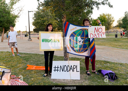 Las Vegas, USA. 13. November 2016. 13. November 2016, Sunset Park Las Vegas Nevada, Menschen mit Zeichen zur Unterstützung der "Standing Rock' Verteidigung der indianischen Stammes landet aus dem Bau der Dakota-Zugang-Pipeline. #NODAPL Credit: Ken Howard/Alamy Live-Nachrichten Stockfoto