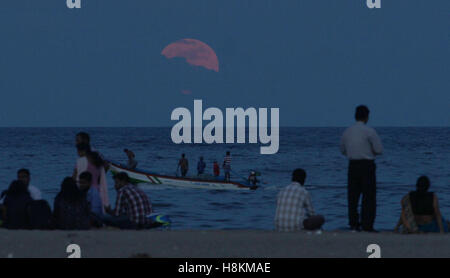 Chennai, südöstlichen indischen Bundesstaat Tamil Nadu. 14. November 2016. Die Menschen sehen die steigende "Supermoon" am Marina Beach in Chennai, südöstlichen indischen Bundesstaat Tamil Nadu, 14. November 2016. © Stringer/Xinhua/Alamy Live-Nachrichten Stockfoto