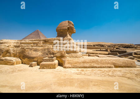 Kairo, Ägypten hoch stehenden großen Sphinx von Gizeh mit den Pyramiden von Gizeh im Hintergrund. Dieser eine ist Th Stockfoto