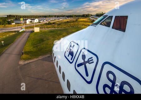 Stockholm Arlanda, Schweden - The Jumbo Stay (Jumbohostel), ein Hostel, das ist eine umgebaute Boeing 747 Flugzeug. Es befindet sich an der th Stockfoto