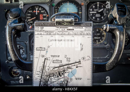 Stockholm Arlanda, Schweden - die alte Steuerelemente innerhalb des Cockpit-Raumes an das Jumbo Stay (Jumbohostel), eine Herberge, die eine Conver ist Stockfoto