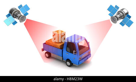 3D Abbildung des LKW-Ortung mit Satelliten Stockfoto