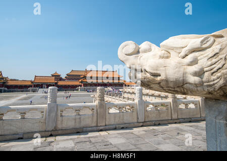 Peking - Detail des Kopfes einer Drachenstatue mit Touristen Wandern und Fotografieren im Hintergrund in der Forbidd Stockfoto