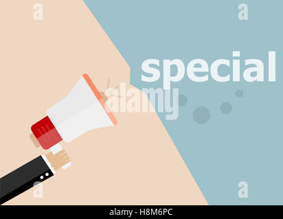 Spezielle. Hand mit Megaphon und Speech Bubble. Flaches design Stockfoto