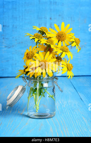 Gelbe Margeriten in einem Glas Stockfoto