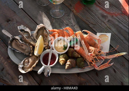 Platte mit verschiedenen Meeresfrüchten, Austern, Garnelen, Krebse und Schnecken, serviert auf einem Holztisch, Atlantikküste, Vandee, Frankreich Stockfoto