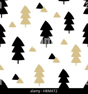 Nahtlose wiederholendes Muster mit Weihnachtsbäumen und Dreieck Formen in schwarz und Gold auf weißem Hintergrund. Stilvoll minimalistisch Ch Stock Vektor