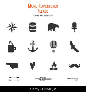 Outdoor-Symbole und Elemente set für Schöpfung Wandern, camping Logo andere Designs. Feste flache s isoliert. Reisegepäck Symbole. Hipster-Abenteuer gefüllt. Erstellen Sie eigene Abzeichen, Insignien Stockfoto