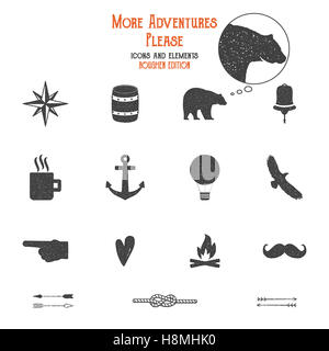 Outdoor-Symbole und Elemente set für Schöpfung Wandern, camping Logo andere Designs. Feste flache s isoliert. Reisegepäck Symbole. Hipster-Abenteuer gefüllt. Erstellen Sie eigene Abzeichen, Insignien. Grunge-Ausgabe Stockfoto